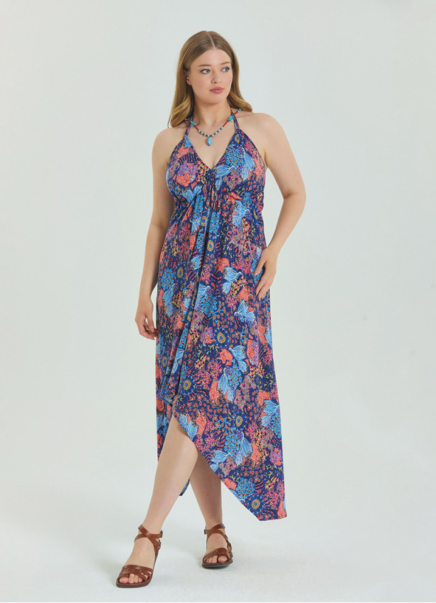 V Neck Backless Halter Neck Blue Plus Size Dress 4664
